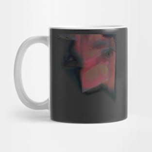 Digital collage, special processing. Abstract art. Eyes, overlay with light shapes. Beautiful. Very soft pink. Mug